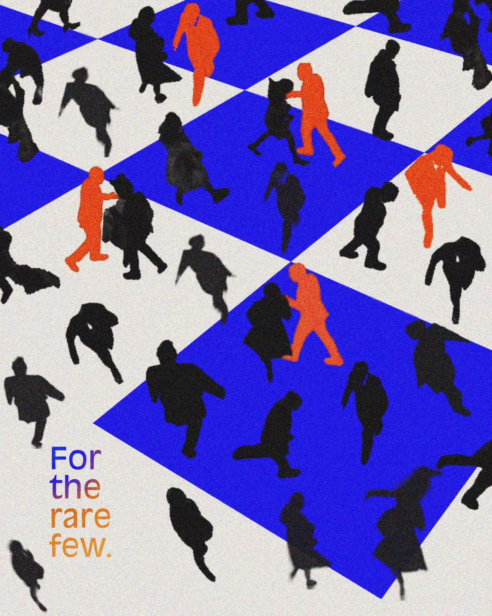 Silhouettes on a blue and white board with orange figures standing apart
